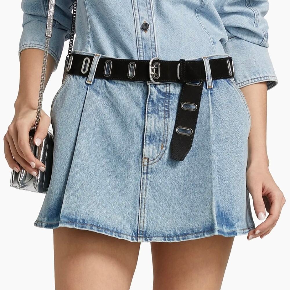 FRAME The Pleated Denim Mini Skirt in Outlaw Blue High End Luxury Jean Skirt 26 - Picture 15 of 16